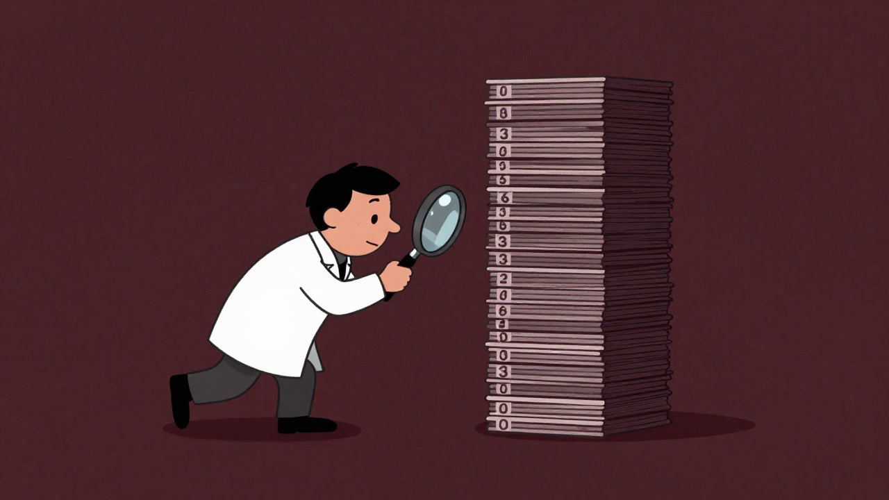 A humorous illustration of a researcher peering through a magnifying glass at a towering pile of numbered samples