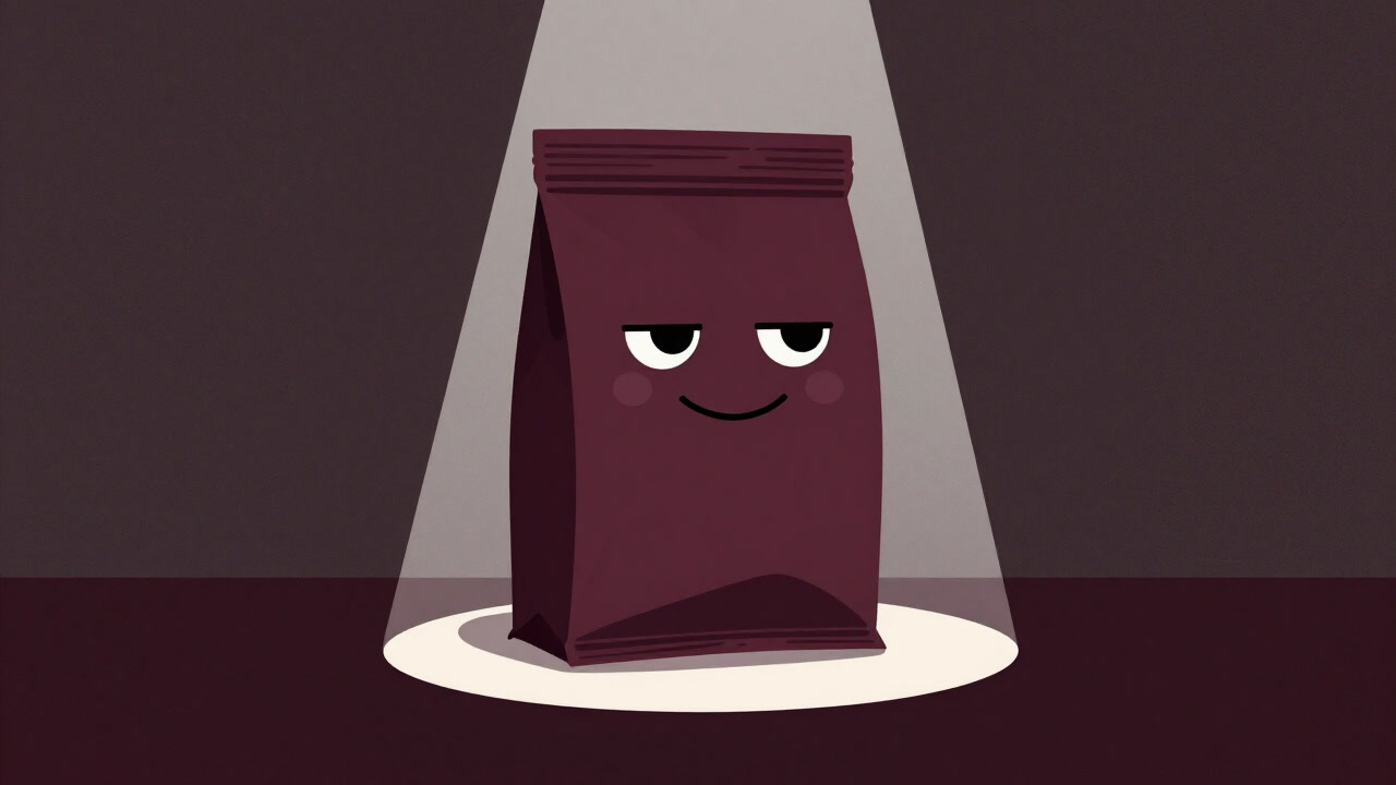 Illustration of a sample-labeled package basking in a spotlight in a showroom