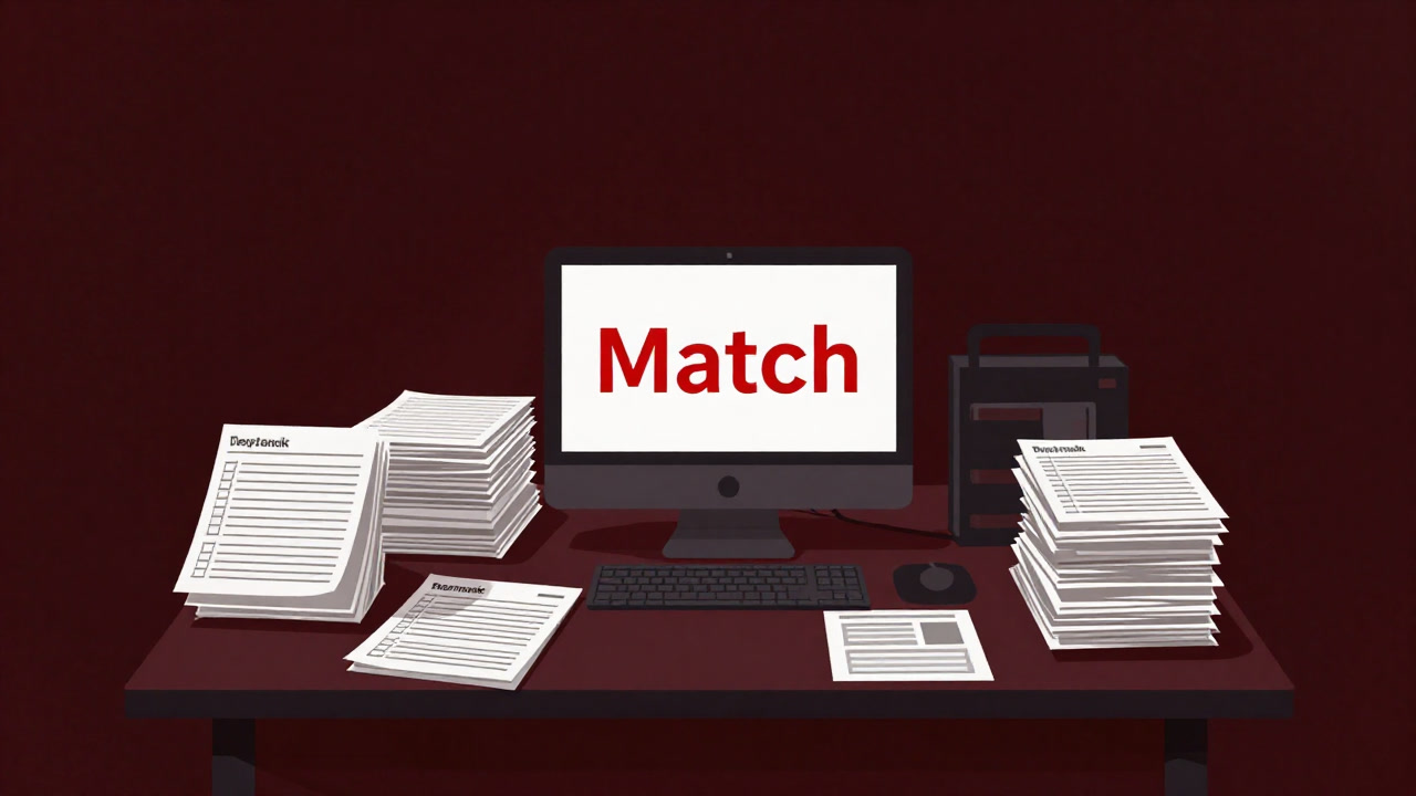 デスクに山積みされたチェックリストと画面に表示された 'Match' の文字が不気味に光る様子