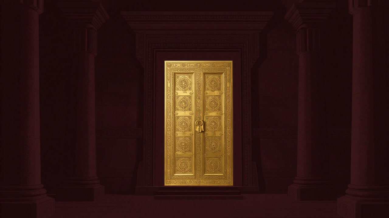 Image of a golden Holy of Holies seated in the dim back of a temple, with an imposing heavy door at its entrance.