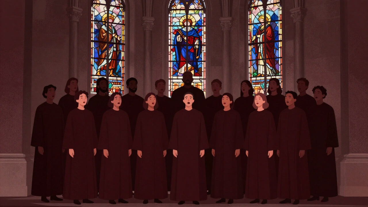 教会のステンドグラスの前で重々しく歌う聖歌隊、背景には時間の歪みが描かれたイラスト
