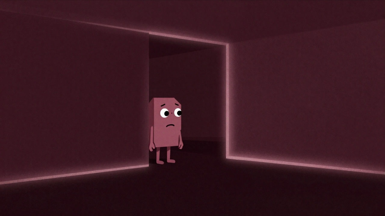 Illustration of a small code character trapped inside virtual walls looking anxiously for an exit