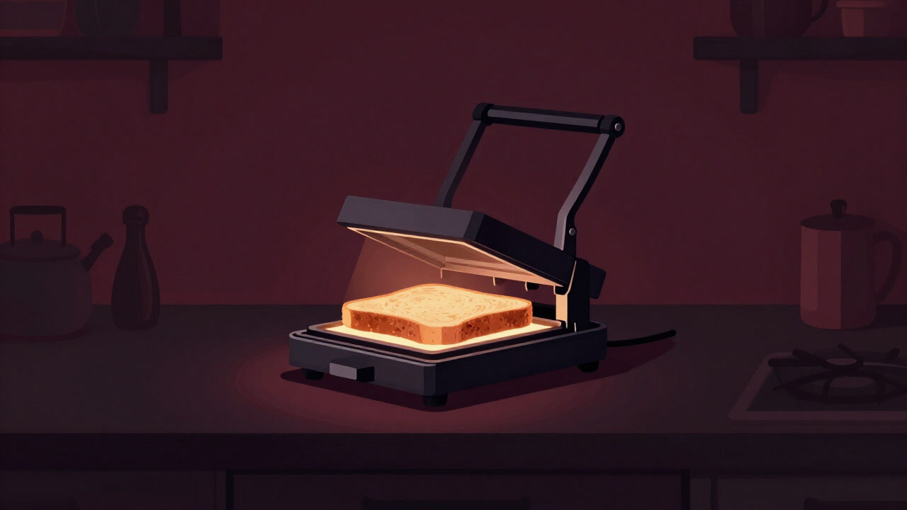 夕暮れのキッチンで厳かに点火するサンドイッチプレス