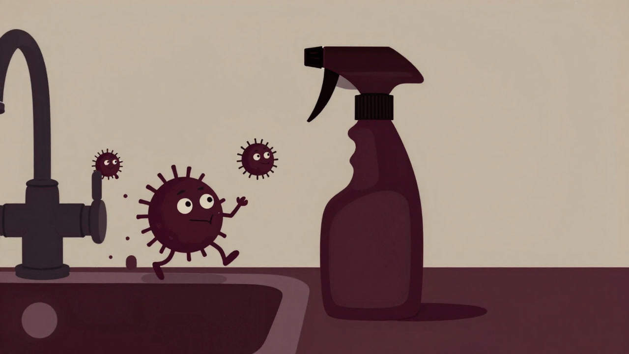 キッチンのシンク横に鎮座し、無言で消毒液を噴霧するボトルのクローズアップ