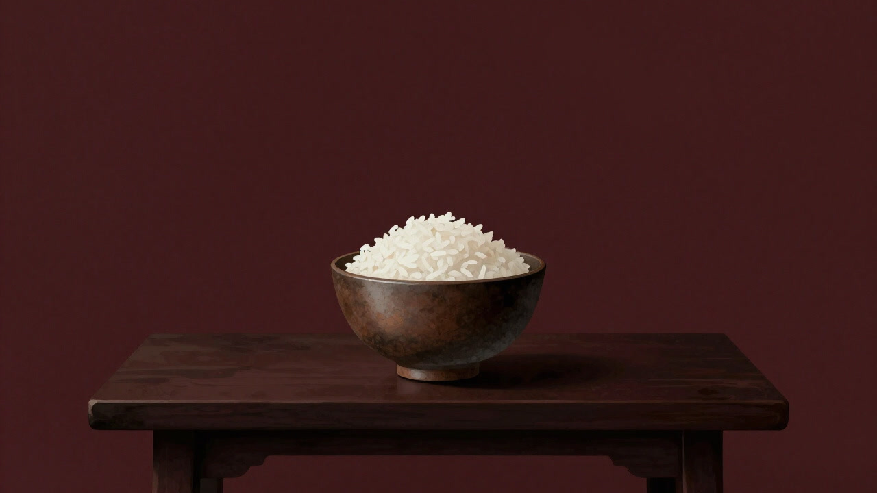 禅寺の静かな祭壇に置かれた、半分だけ米の入った素朴な器の画像
