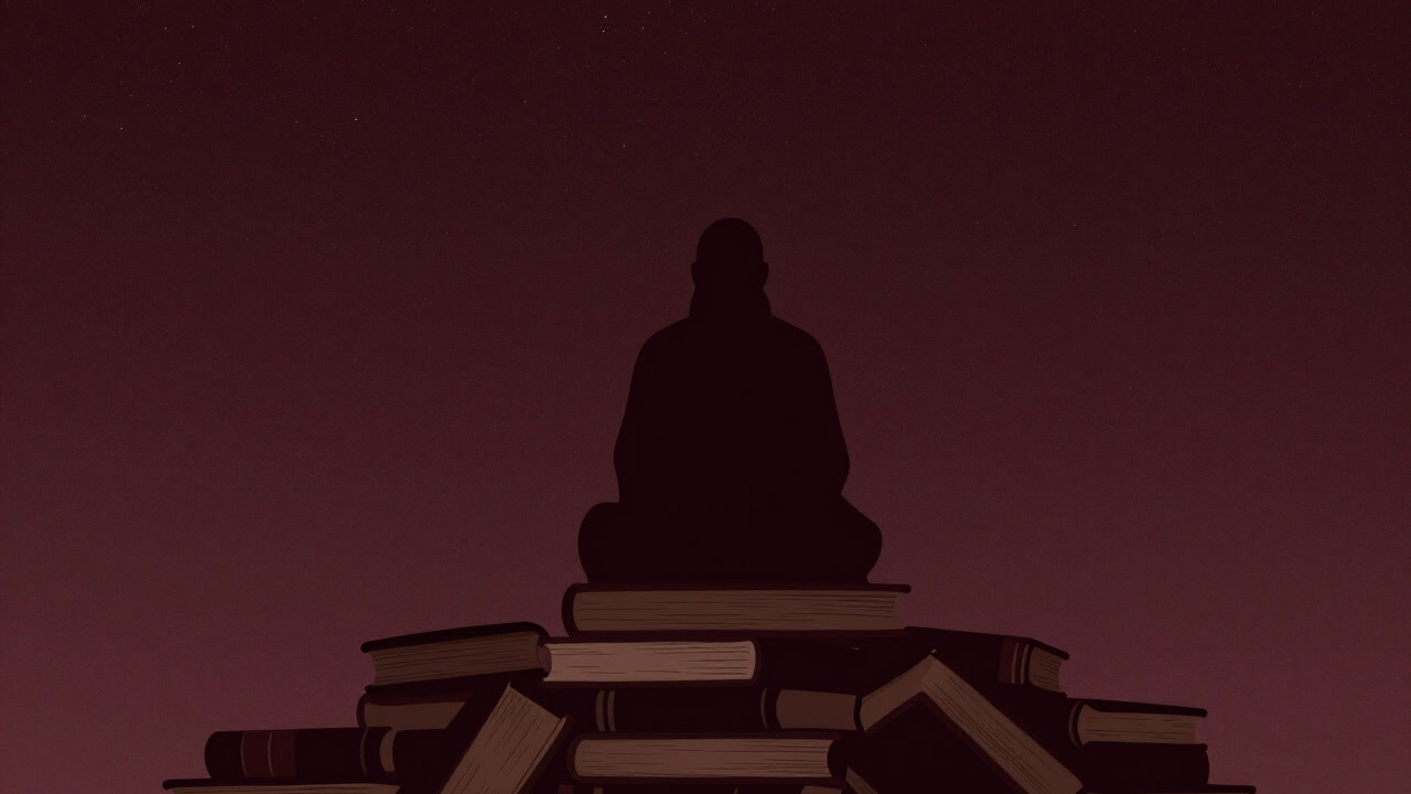 古い書物の山の頂に座る賢人のシルエット、背後には星空が広がるイラスト