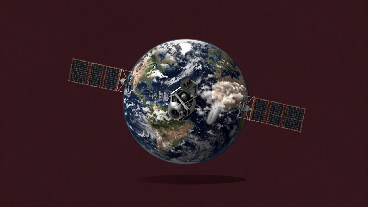 宇宙空間から地球を撮影する人工衛星のイラスト