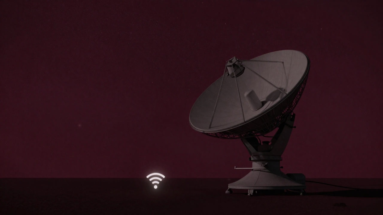 A large satellite dish towering against a night sky, and a tiny blinking Wi-Fi symbol on the ground.