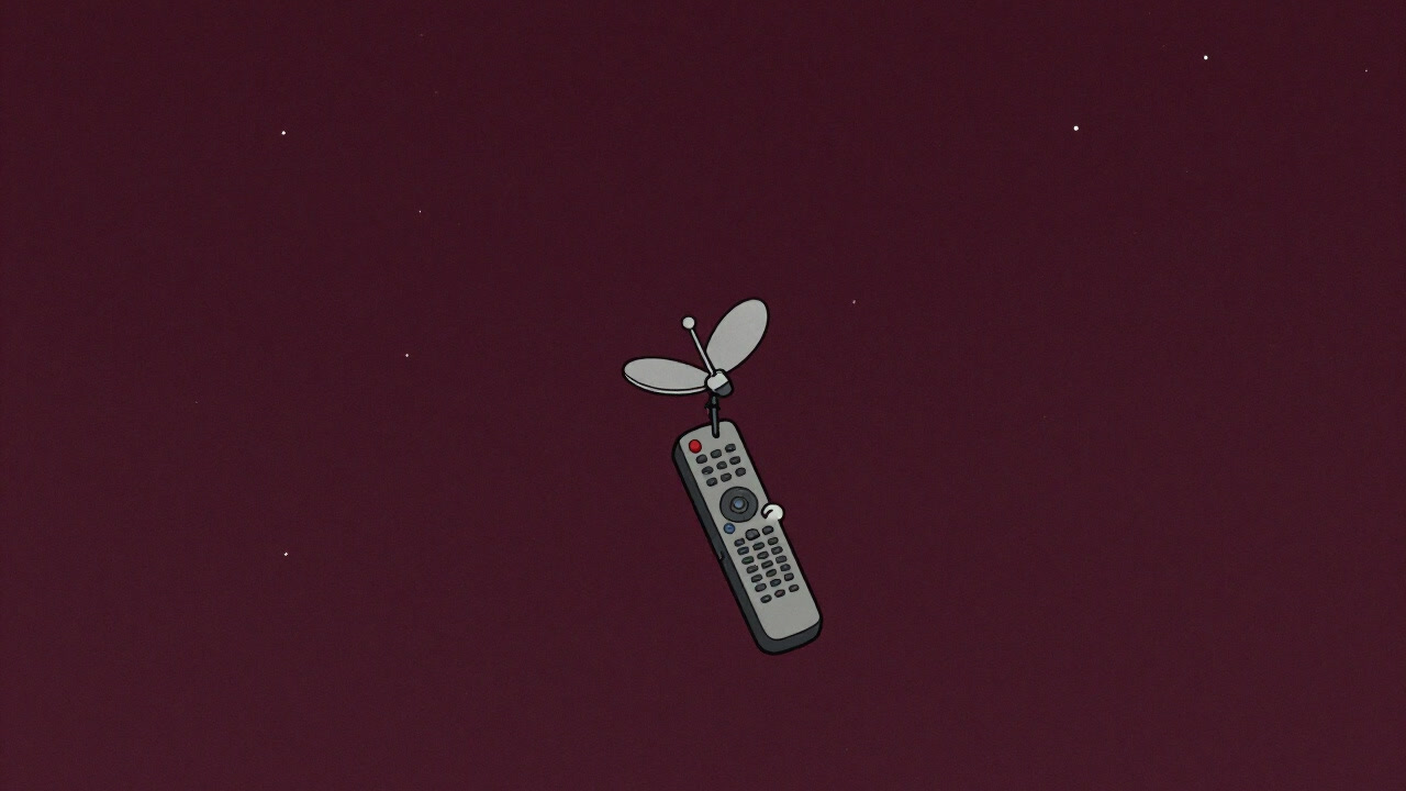 Illustration of a remote control character clinging to a small antenna against a night sky