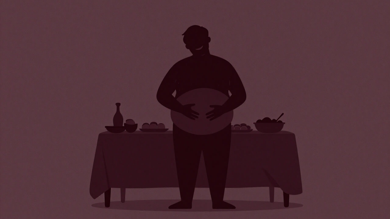 Silhouette of a person holding their overstuffed belly with a smile, conflicted with appetite, in front of a table full of dishes