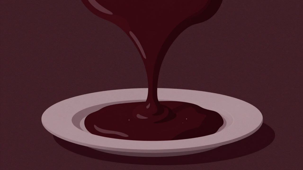 Photo of thick sauce dripping onto a plate, as if symbolizing culinary guilt.