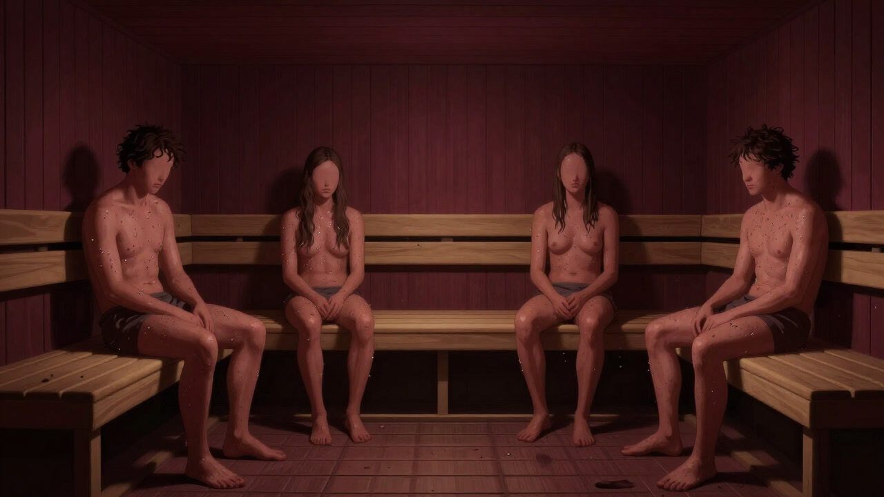 Image of people bathed in steam, lined up in a sauna room with vacant expressions, dripping with sweat.