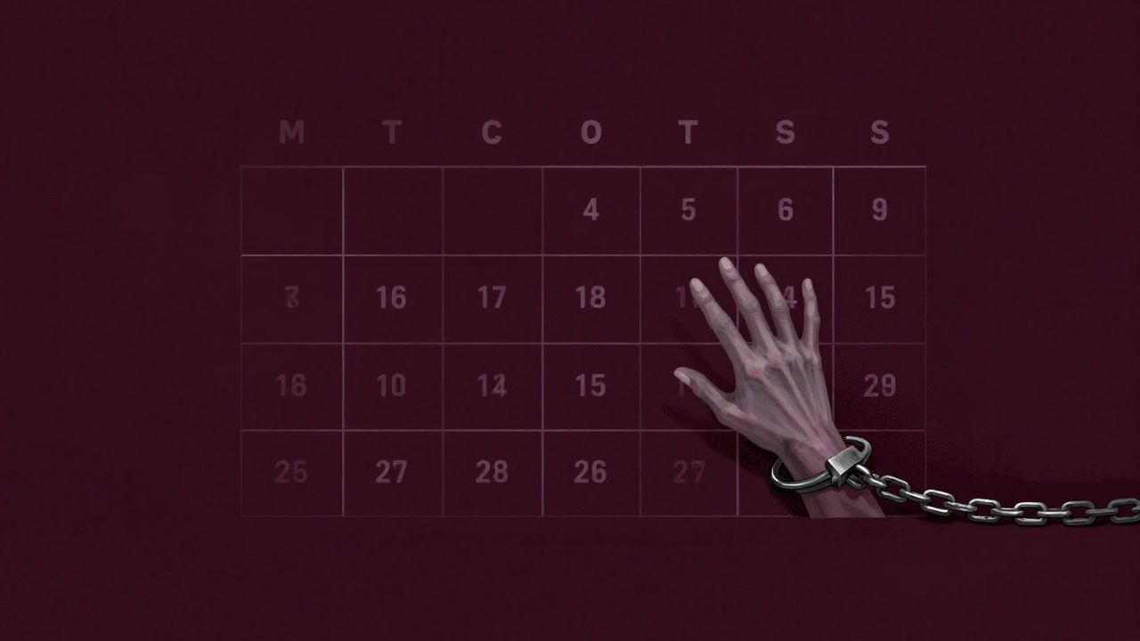 Illustration of a hand chained to a calendar grid, silently reaching out.