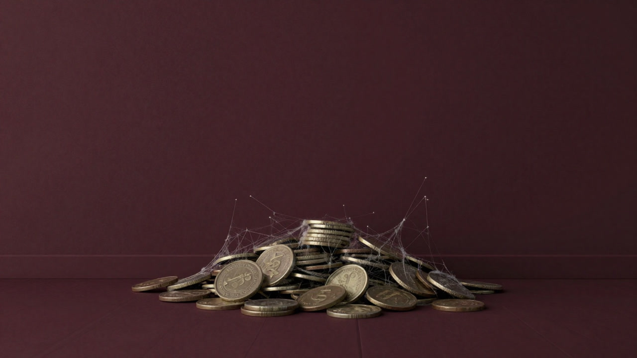 A mound of saved coins covered in cobwebs, sleeping quietly