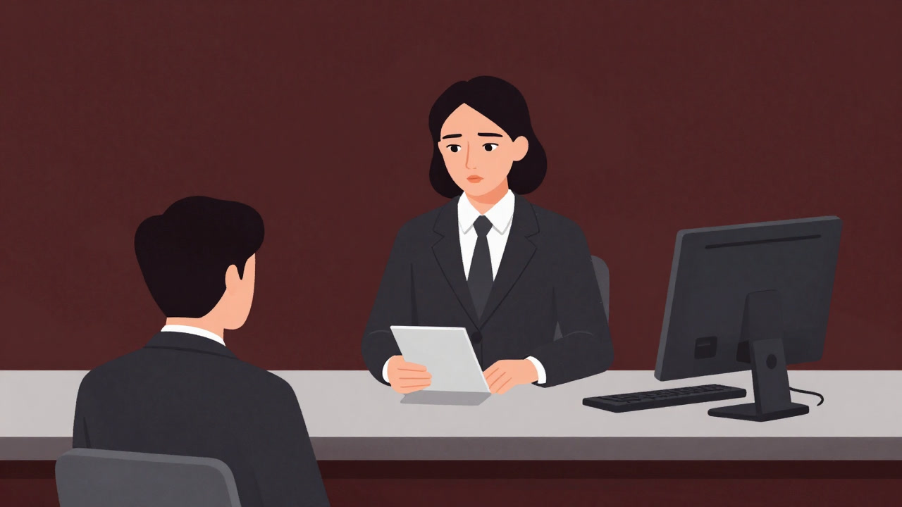 Illustration of a customer peering into a passbook over a counter while a banker looks down with a disinterested expression