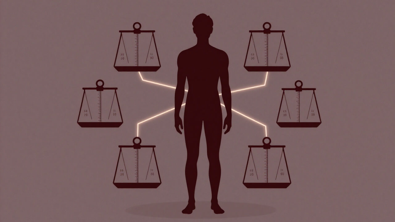 Silhouette of a person surrounded by numerous numerical scales, immersed in vanity