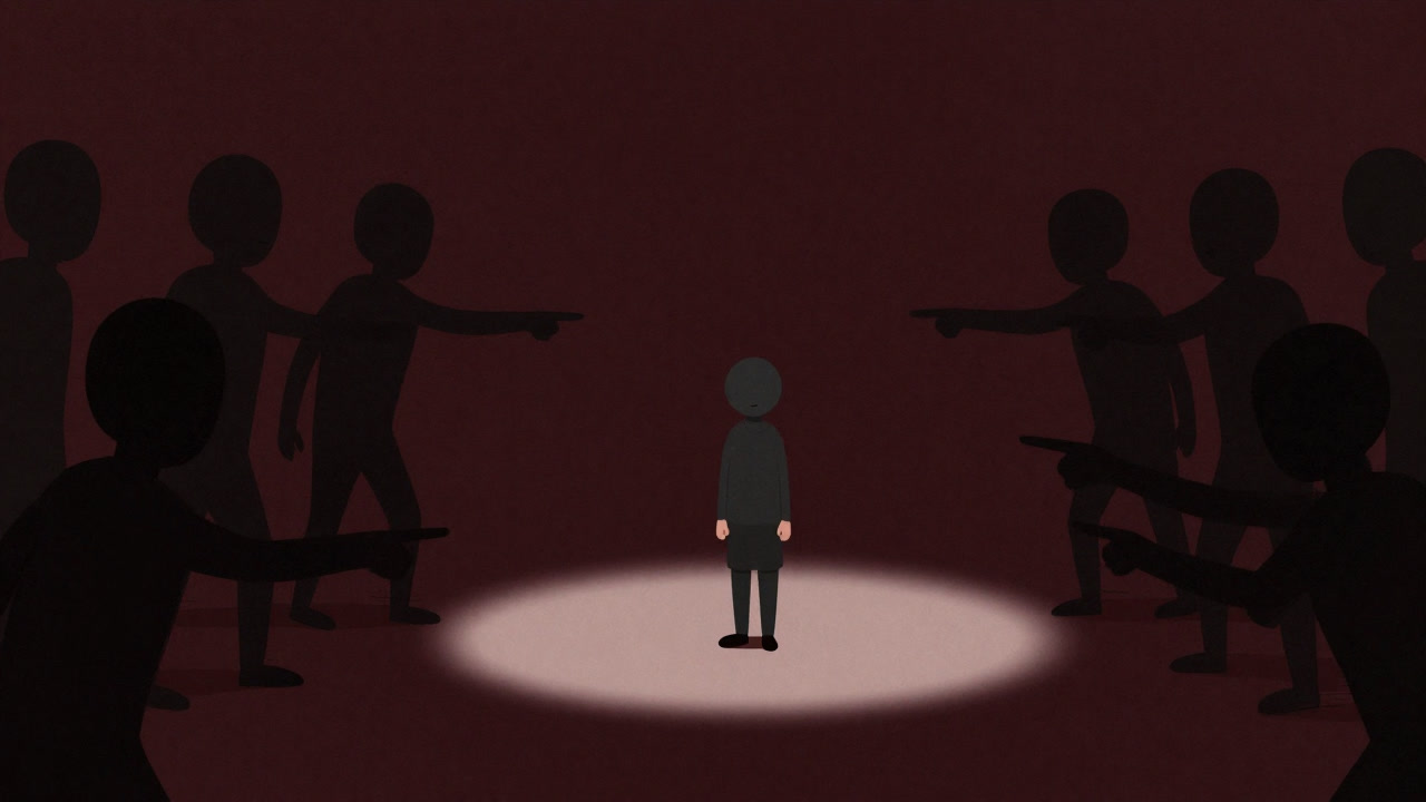Illustration of a small figure being chased by a shadowy group attributing blame onto it.