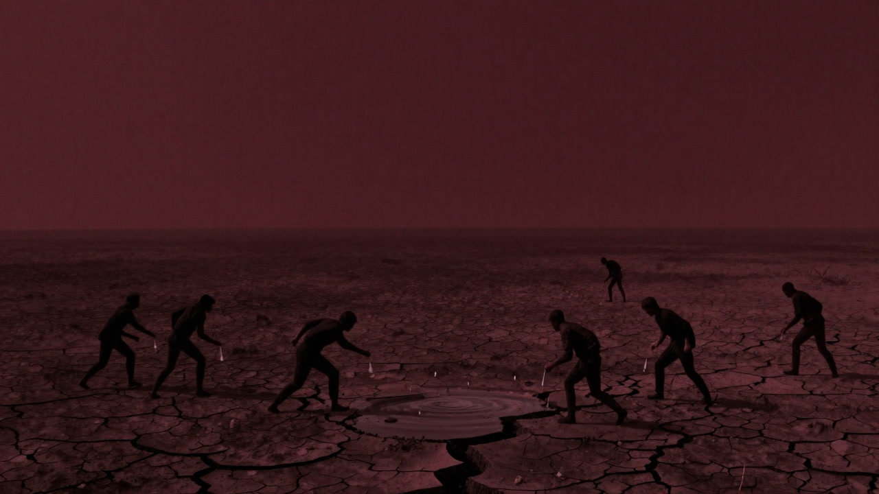 Illustration of people scrambling over the last drop of water on parched earth