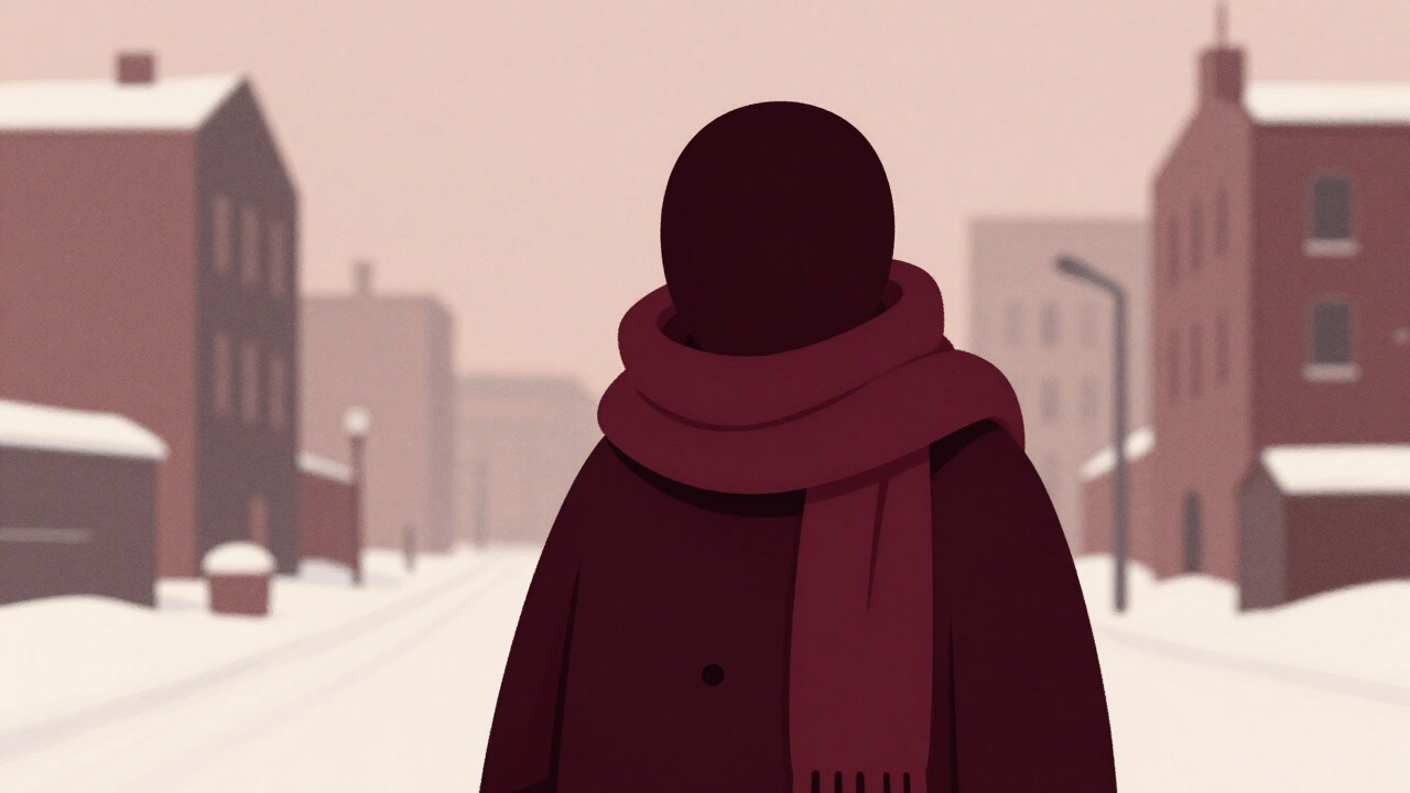 Illustration of a scarf wrapped elegantly in a snowy street corner, as if proudly taunting the cold wind.
