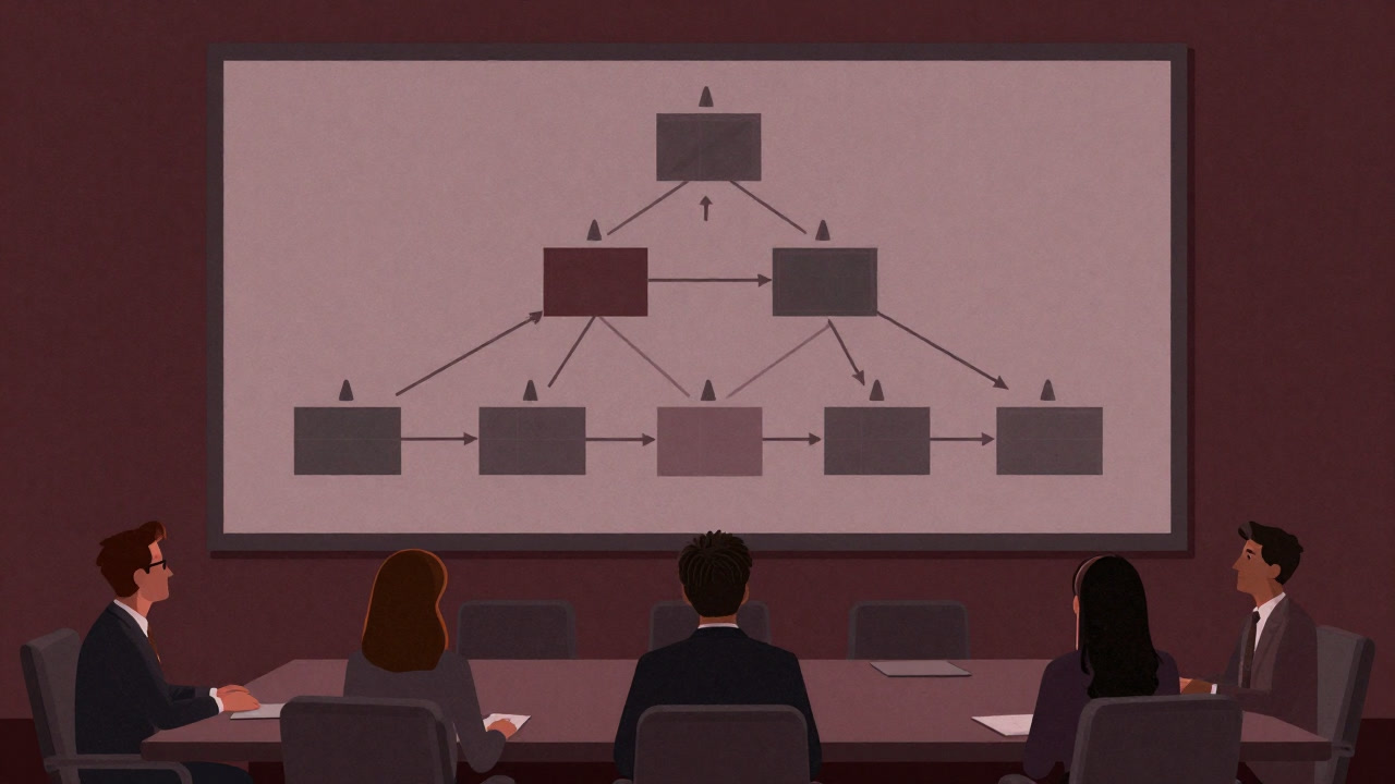 未来を示す図と現実のギャップに戸惑うビジネスマンたちのイラスト