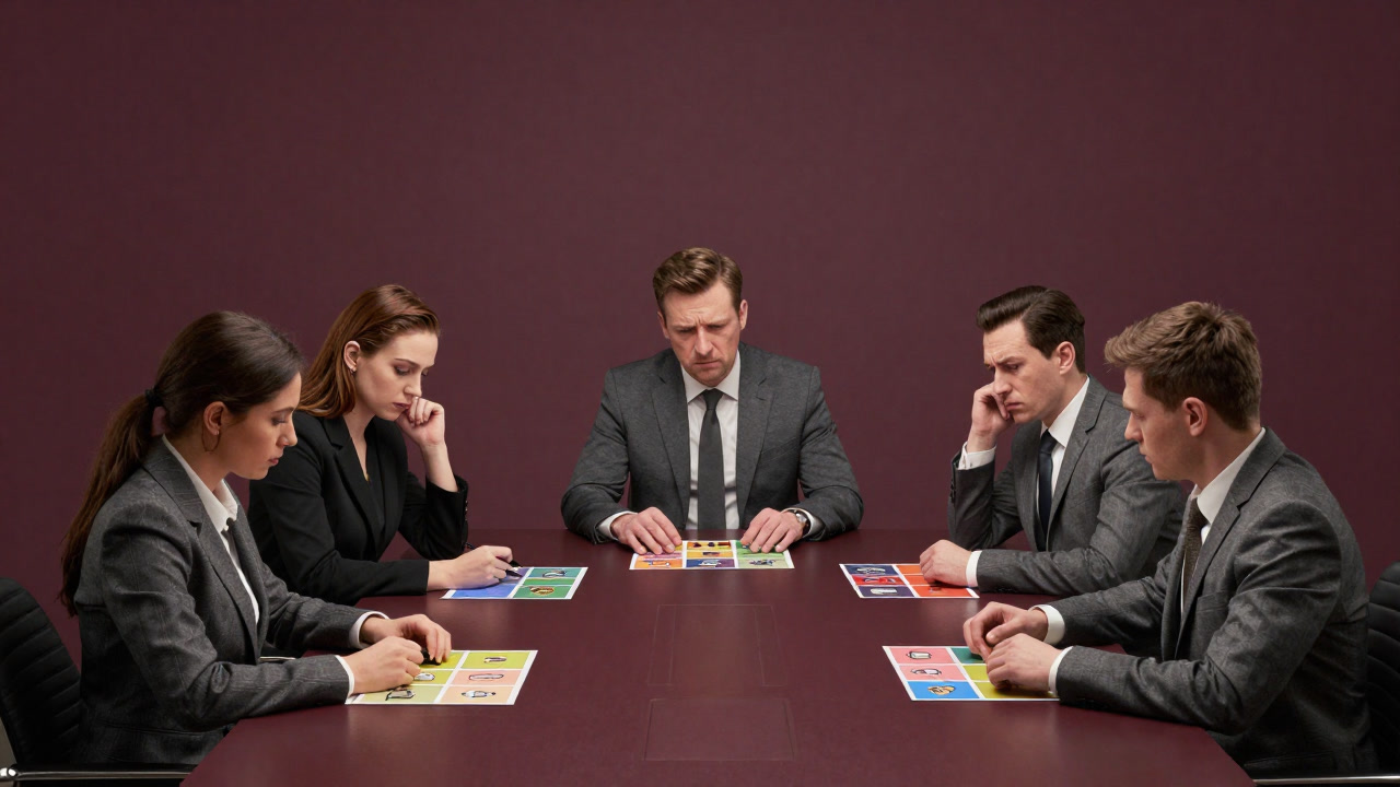 Photo of employees gathered in a meeting room staring at mysterious scenario cards.