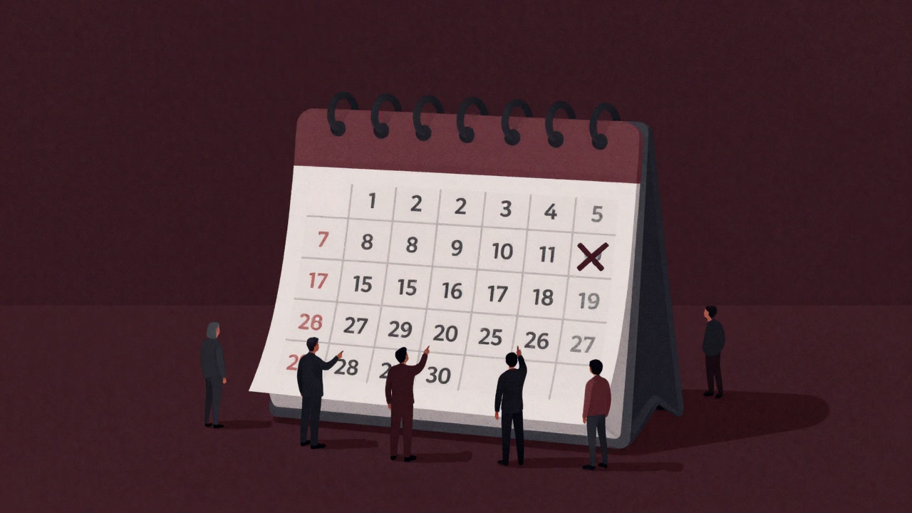Silhouettes of people struggling with an enormous calendar.