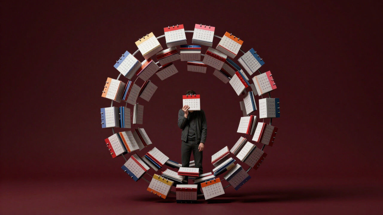 Silhouette of a person trapped in a whirlwind of colorful calendar entries