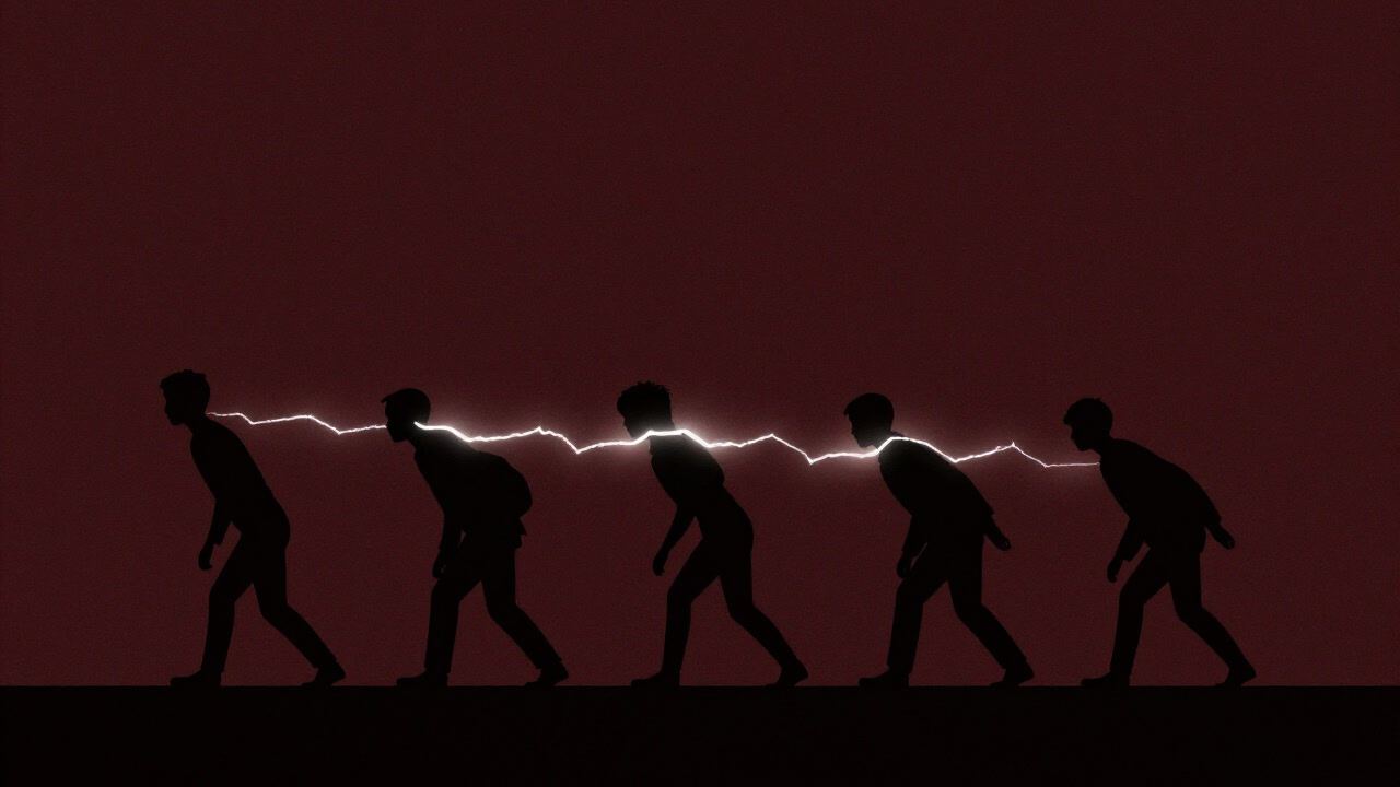 暗闇の中で裂け目のように光る巨大な裂け目を背負った人々のシルエット