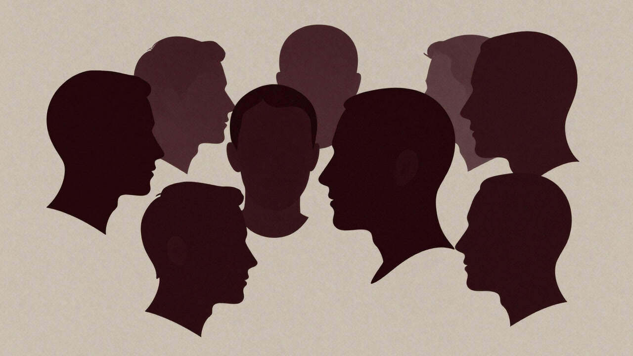 Silhouettes of multiple heads floating in darkness, arranged as if whispering to each other