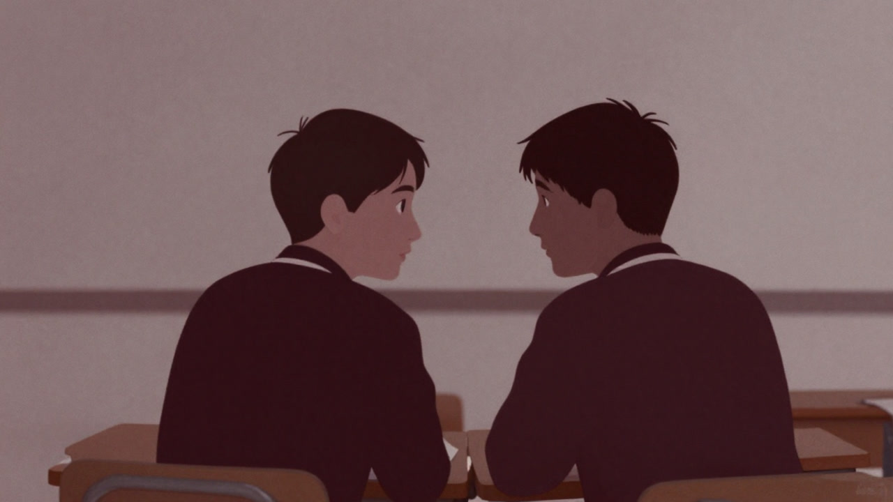 教室の隅でそっと視線を合わせる二人の学生