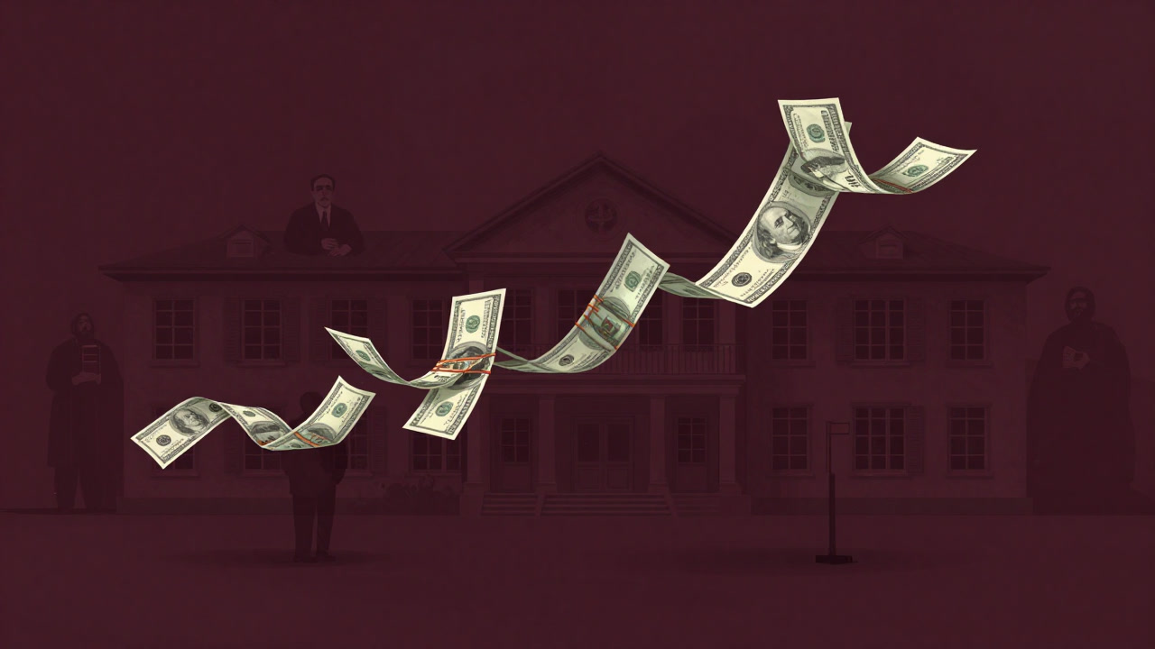 古びた校舎の前で、紙幣のリボンに縛られた教科書が風に煽られる様子の画像