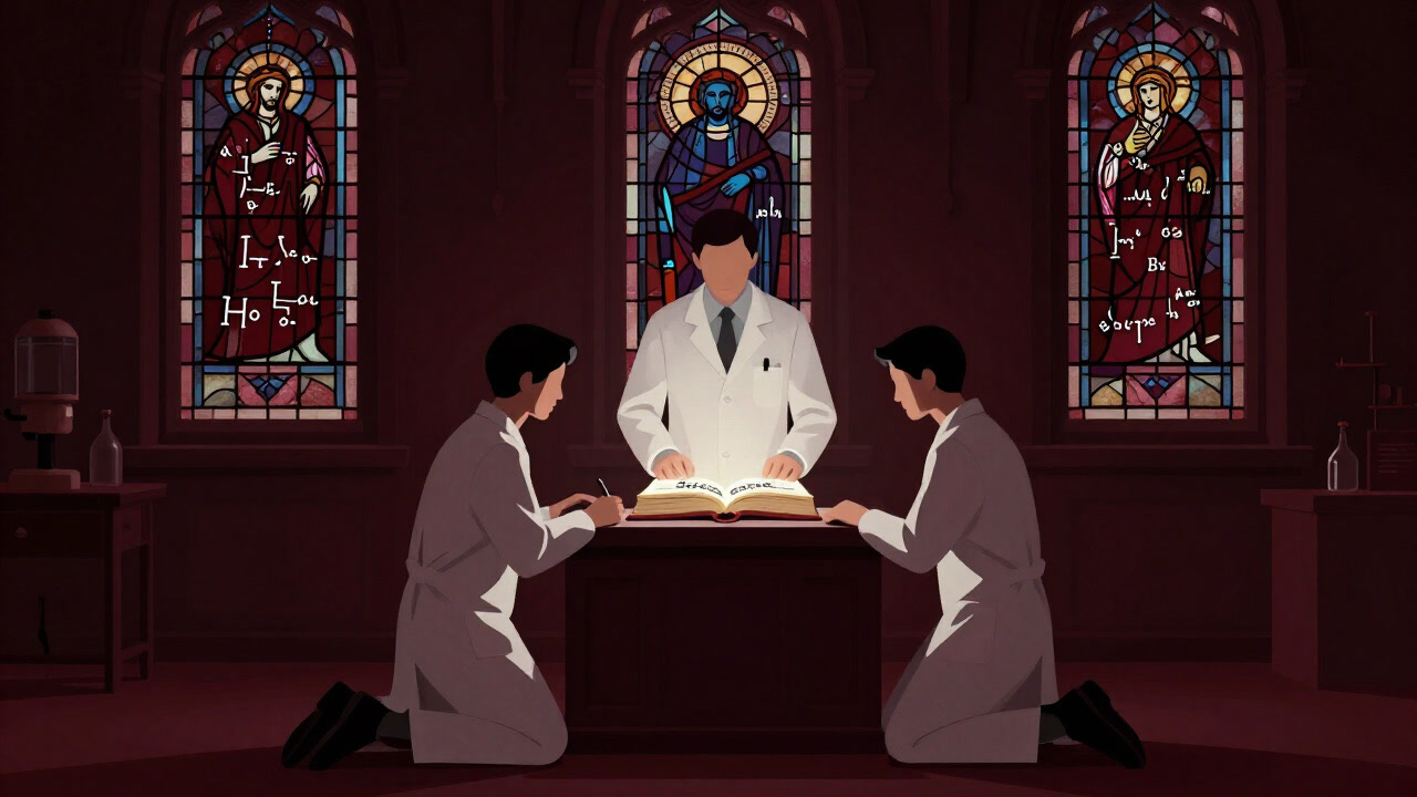In a lab corner, figures in lab coats kneel before a holy book labeled 'Science'