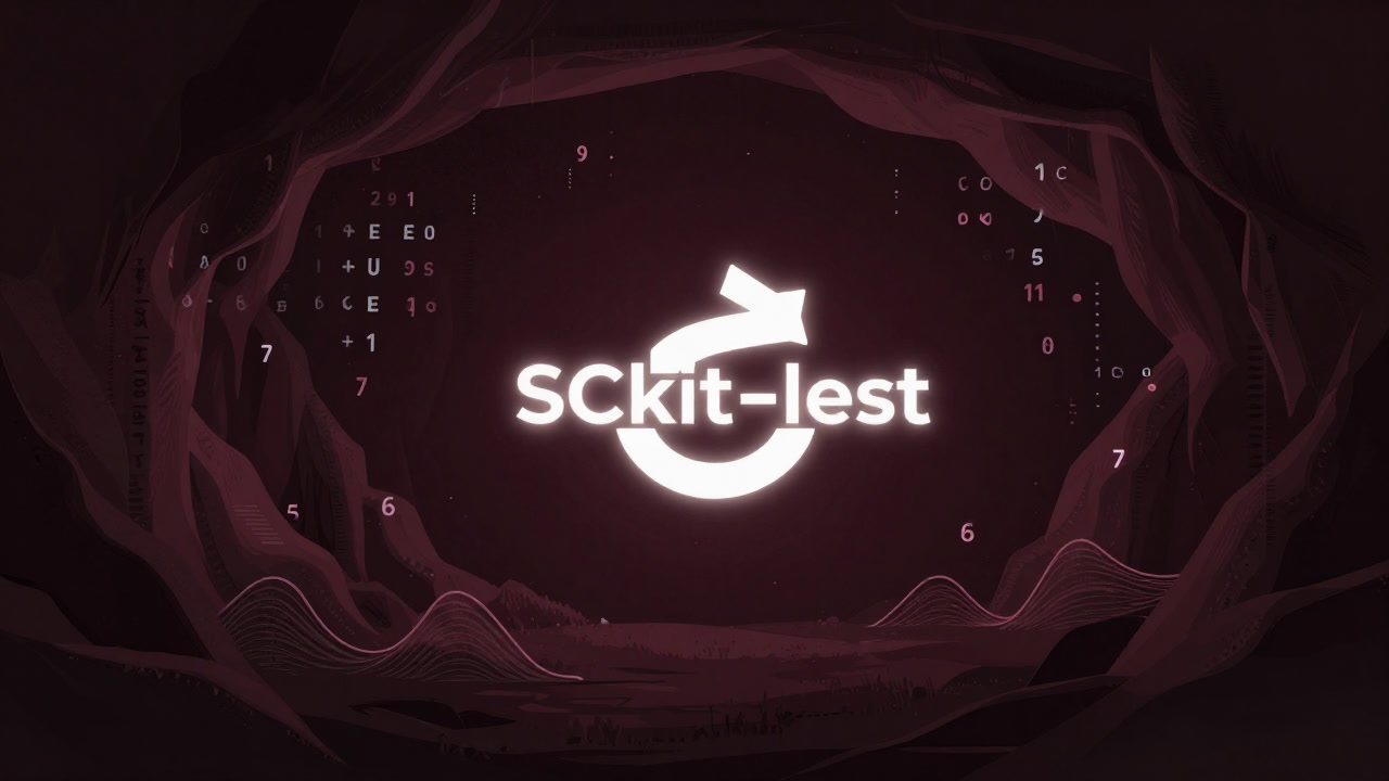 Illustration of the scikit-learn logo glowing inside a dark cave filled with floating hyperparameters and data waves.