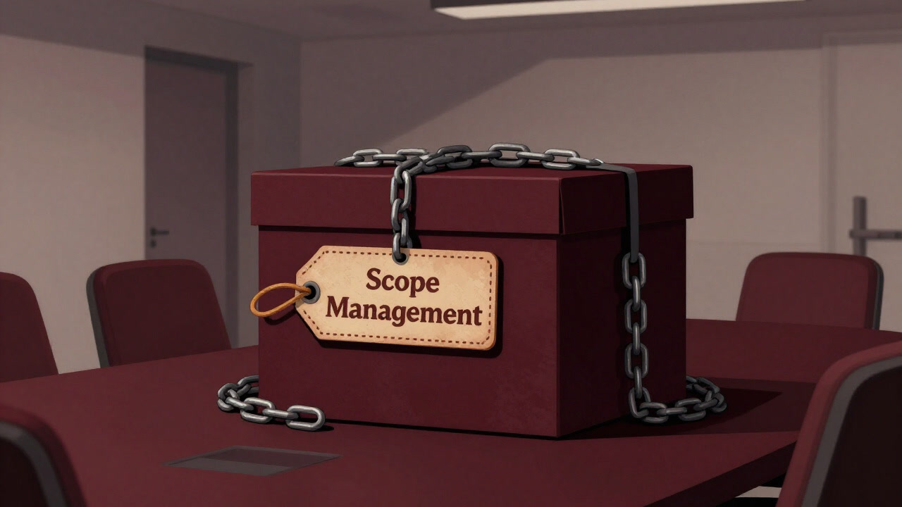 A huge box chained on a conference table with a tag reading 'Scope Management' hanging off it