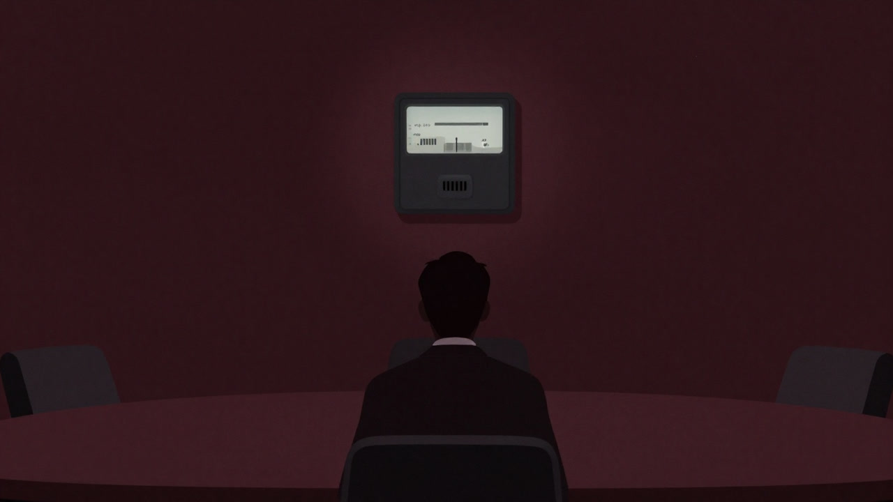 A silhouette of a businessperson in a dark conference room, staring at an electricity meter in agony