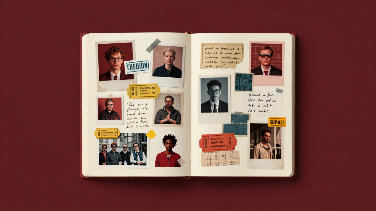 Open pages of a scrapbook cluttered with cut-outs and photos