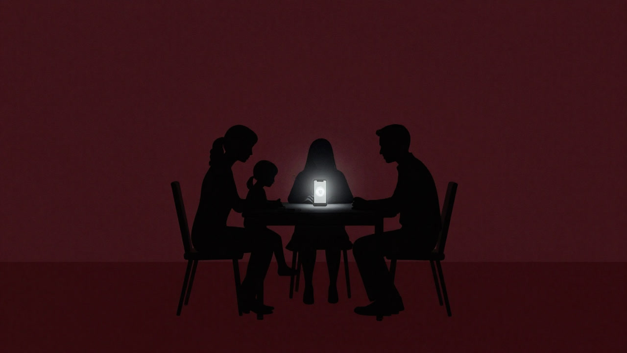 家族がテーブルを囲み、スマホのタイマーを前に真剣な表情で議論するシルエットの画像