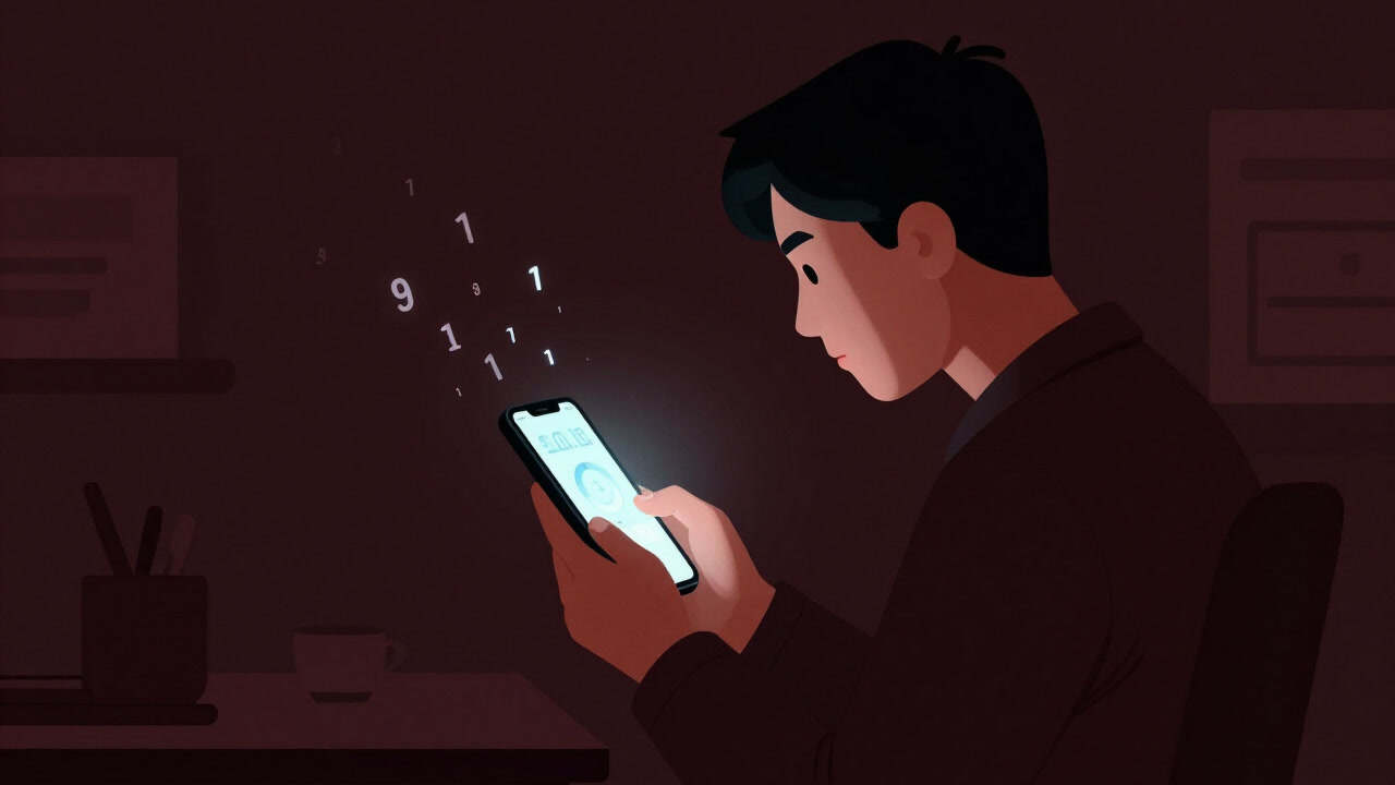 A person in a dark room staring at a glowing smartphone screen with a time counter overlay