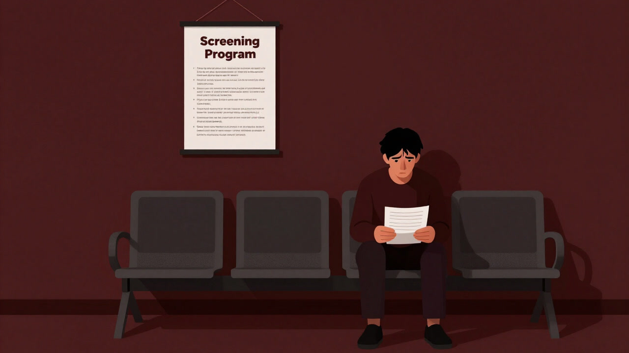 Image of a person anxiously reviewing documents in a clinic waiting room, with a screening program poster on the wall.