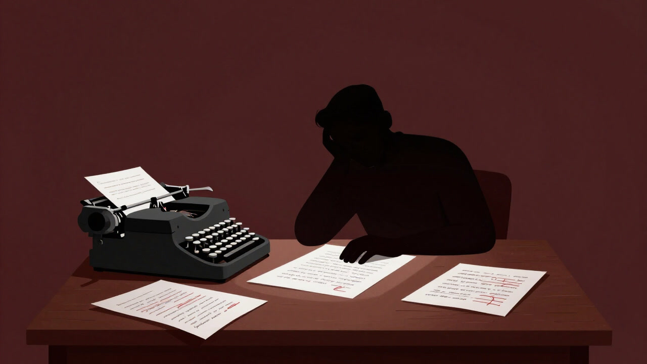 A silhouette of a screenwriter sighing over a desk covered in marked-up screenplay pages.