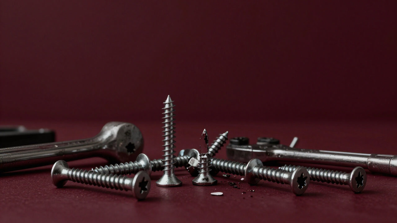 散乱したネジと放置された工具が並ぶ作業台の上の画像