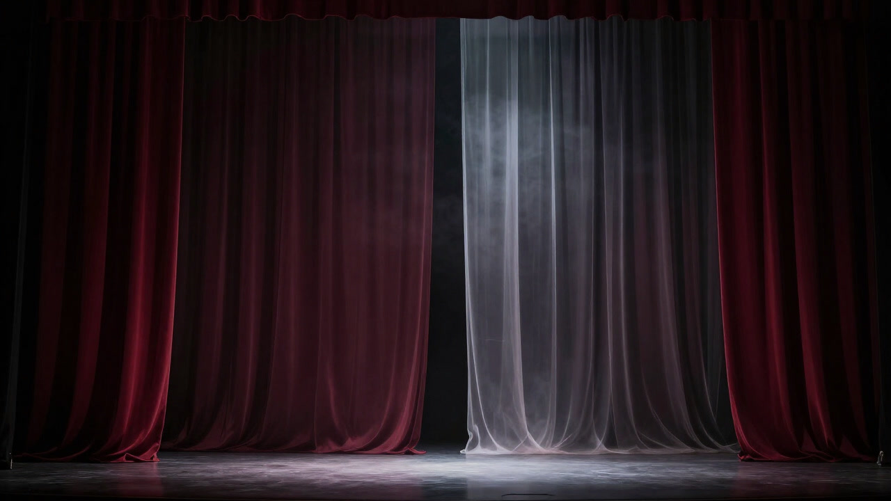 舞台上で光に応じて透明と不透明を繰り返す、幽霊のようなスクリーン幕