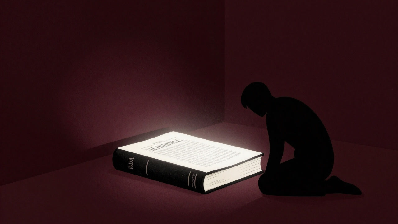 光を放つ聖書を前に、影のように縮こまる信者のシルエット