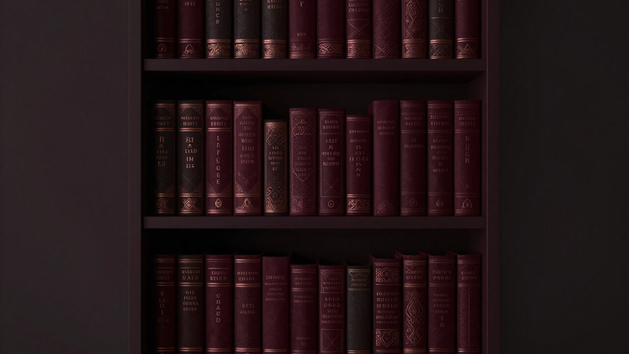 Image of an array of variously bound scripture books glowing eerily on a shelf