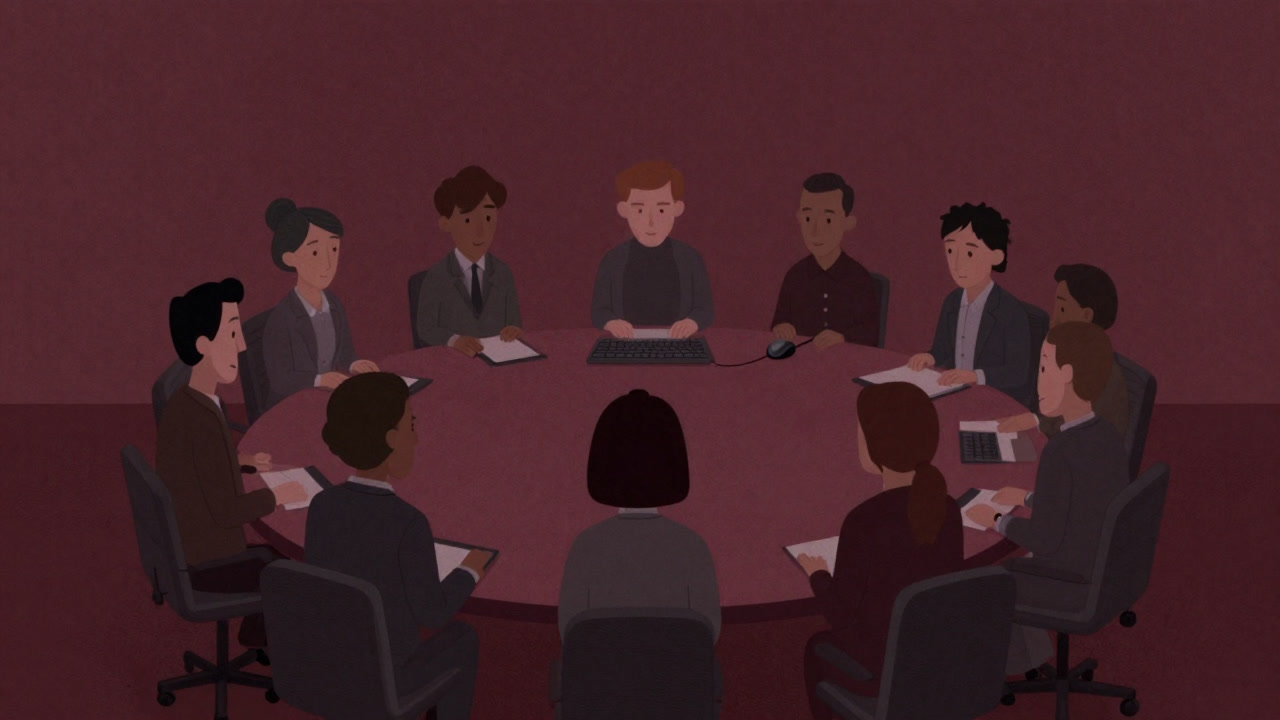 会議室の中央で輪になって立ち話をする様子を、虚無的に見つめるキーボードとマウスのイラスト