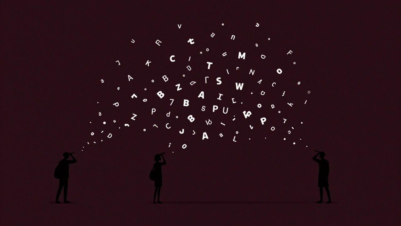 Silhouettes of people wandering through a chaotic scatter of letters in search of meaning