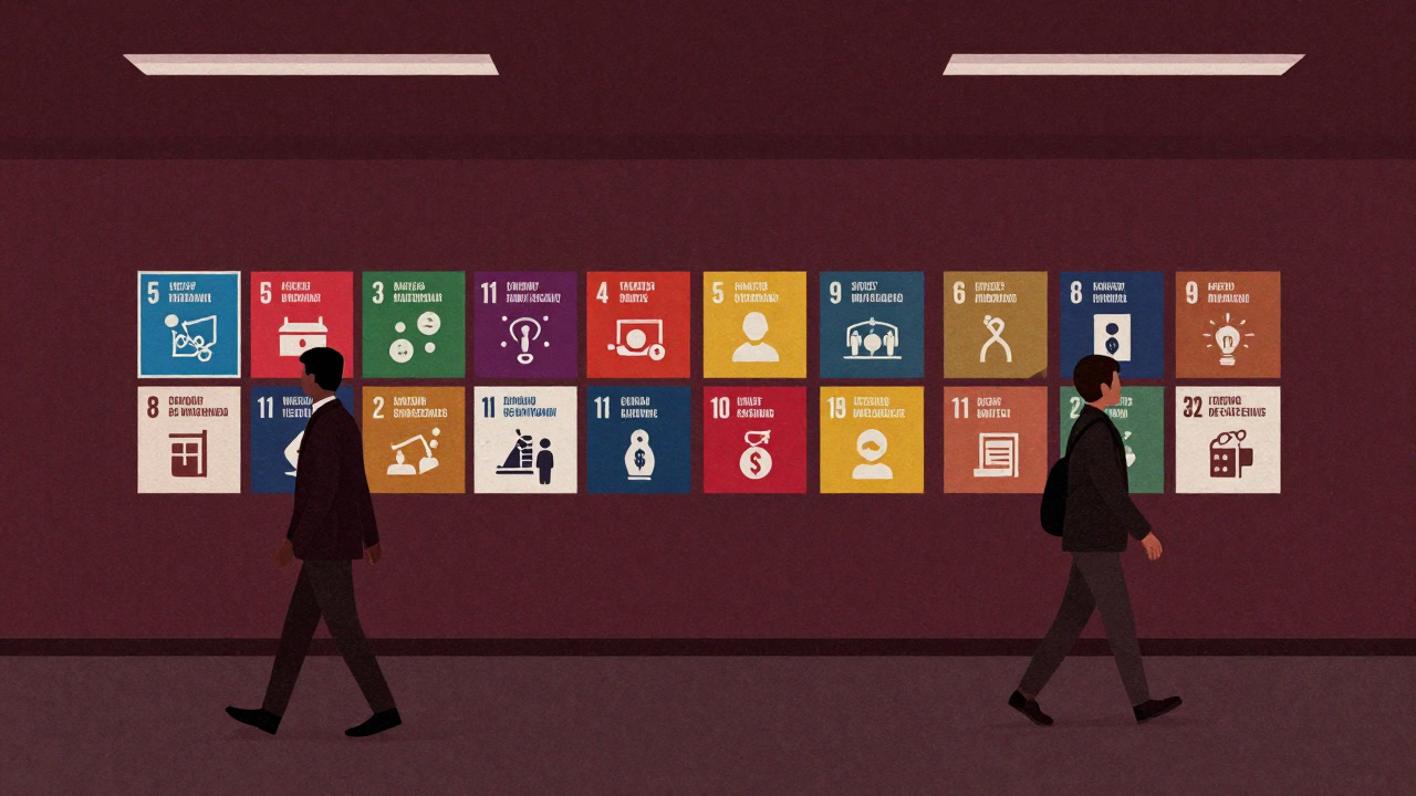 An office wall covered with colorful SDGs posters, passersby ignoring their content.