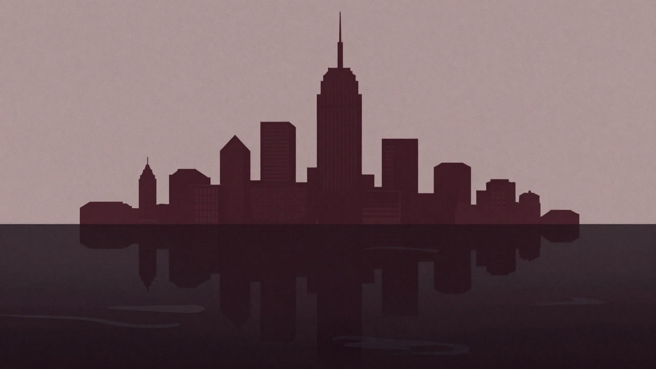 Silhouette of a city half-submerged under a menacing high tide