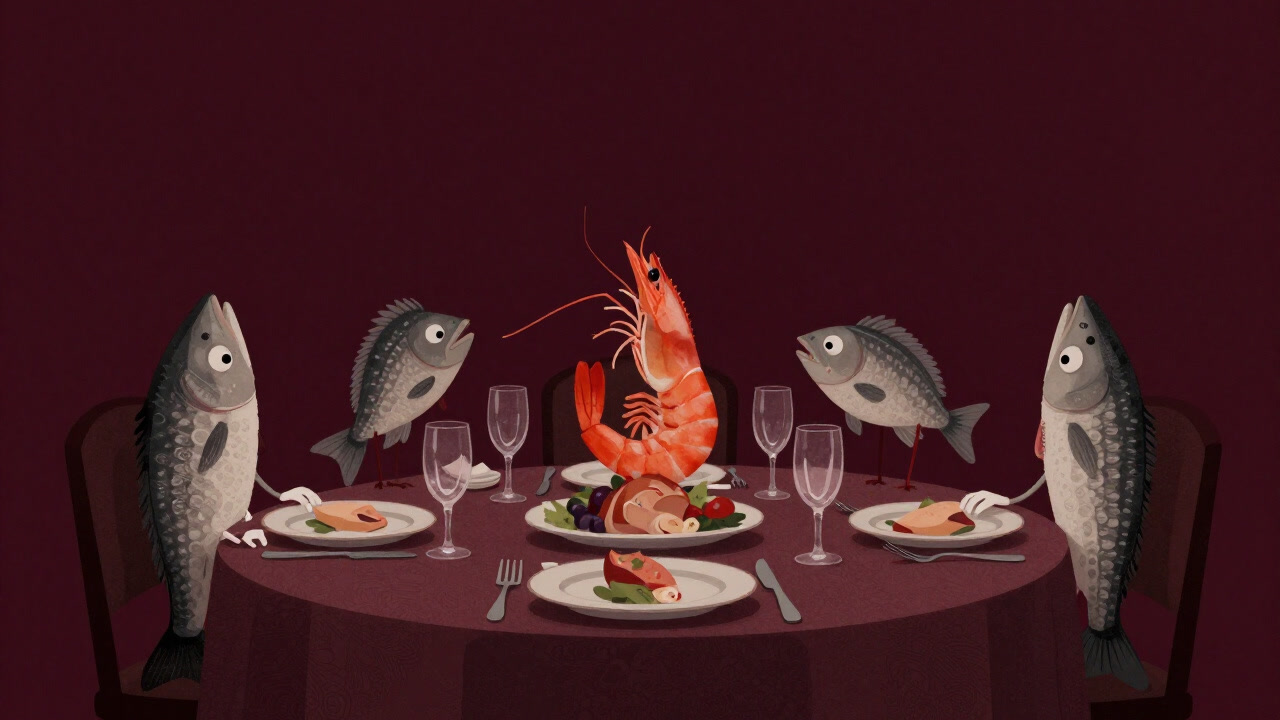 テーブルに並べられた様々なシーフードが暗示的に人間の貪欲さを象徴するイラスト