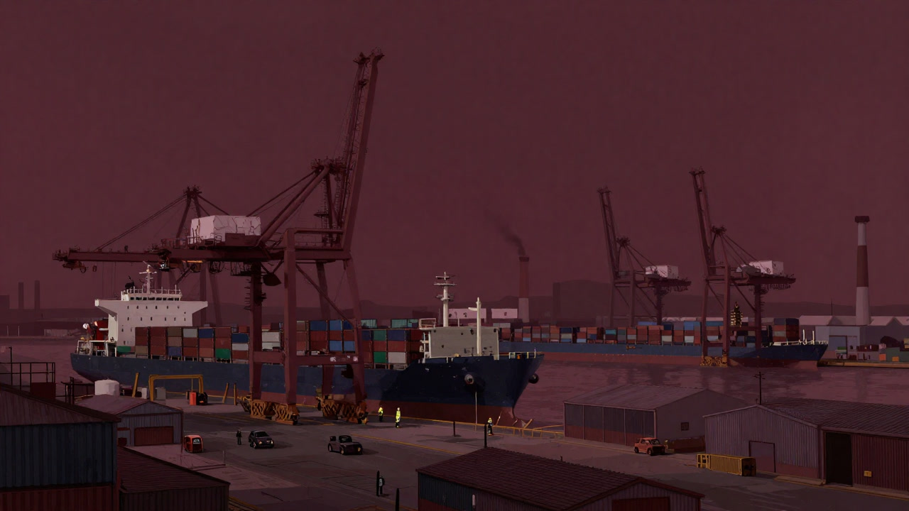 コンテナ船とクレーンが立ち並ぶ港湾の風景、背後に煙突と倉庫が見える巨大インフラのイメージ